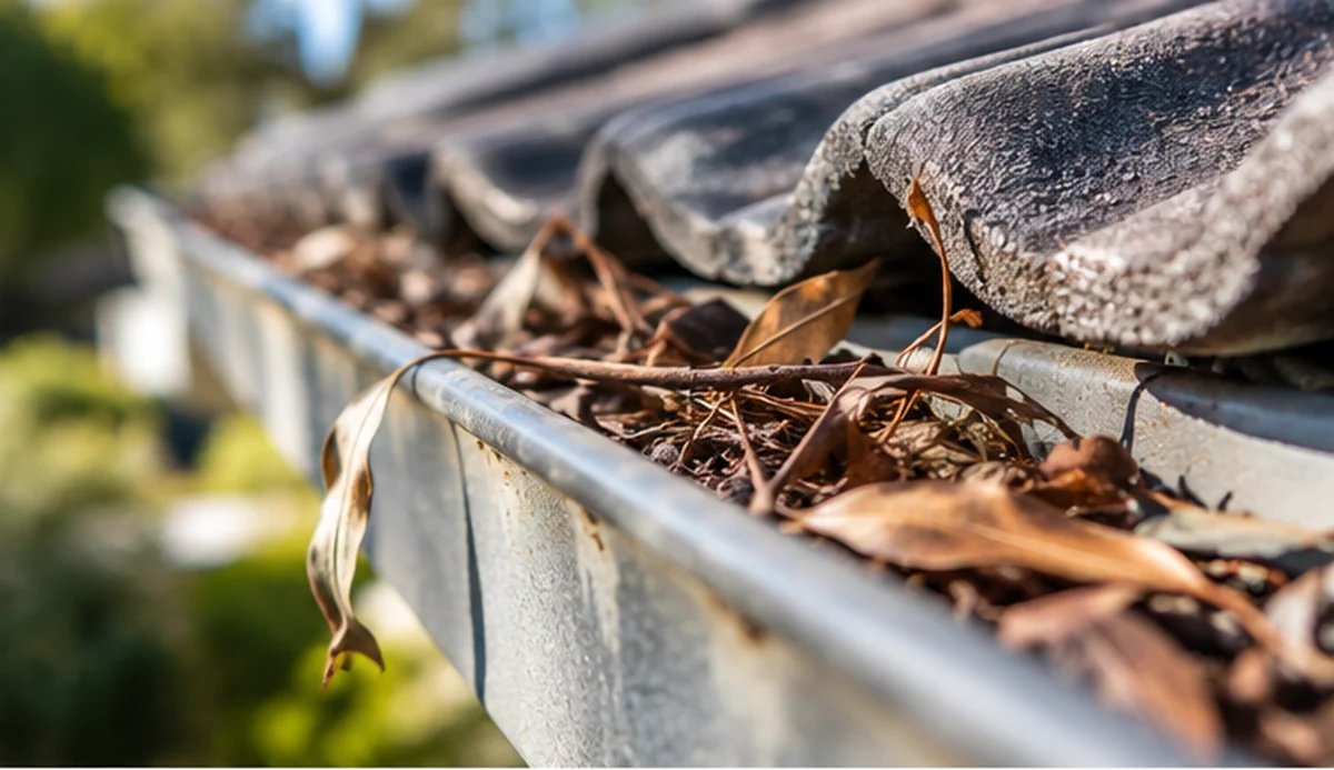 Dry eucalyptus leaves and twigs accumulating in a metal roof gutter beside concrete roof tiles