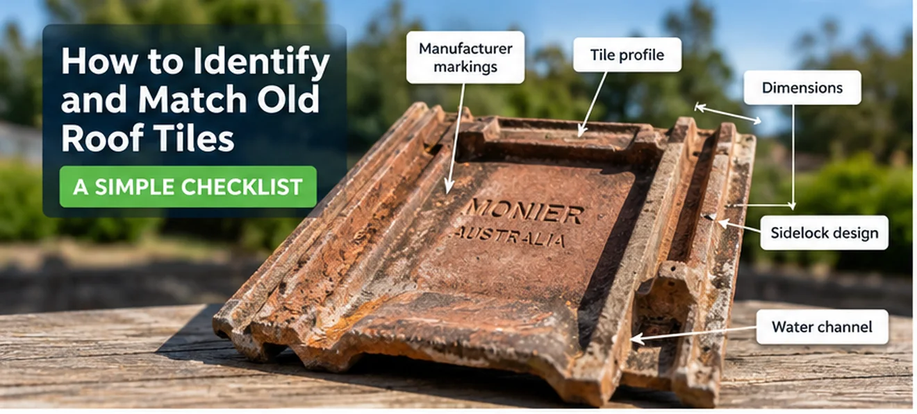 Roof tile matching guide showing tile profile, manufacturer markings, dimensions, sidelock and water channel