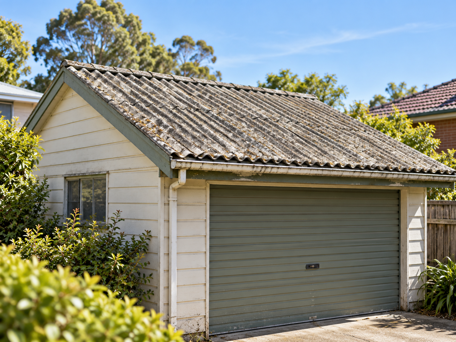 Illustration of an older Australian home or garage with corrugated cement-style roofing