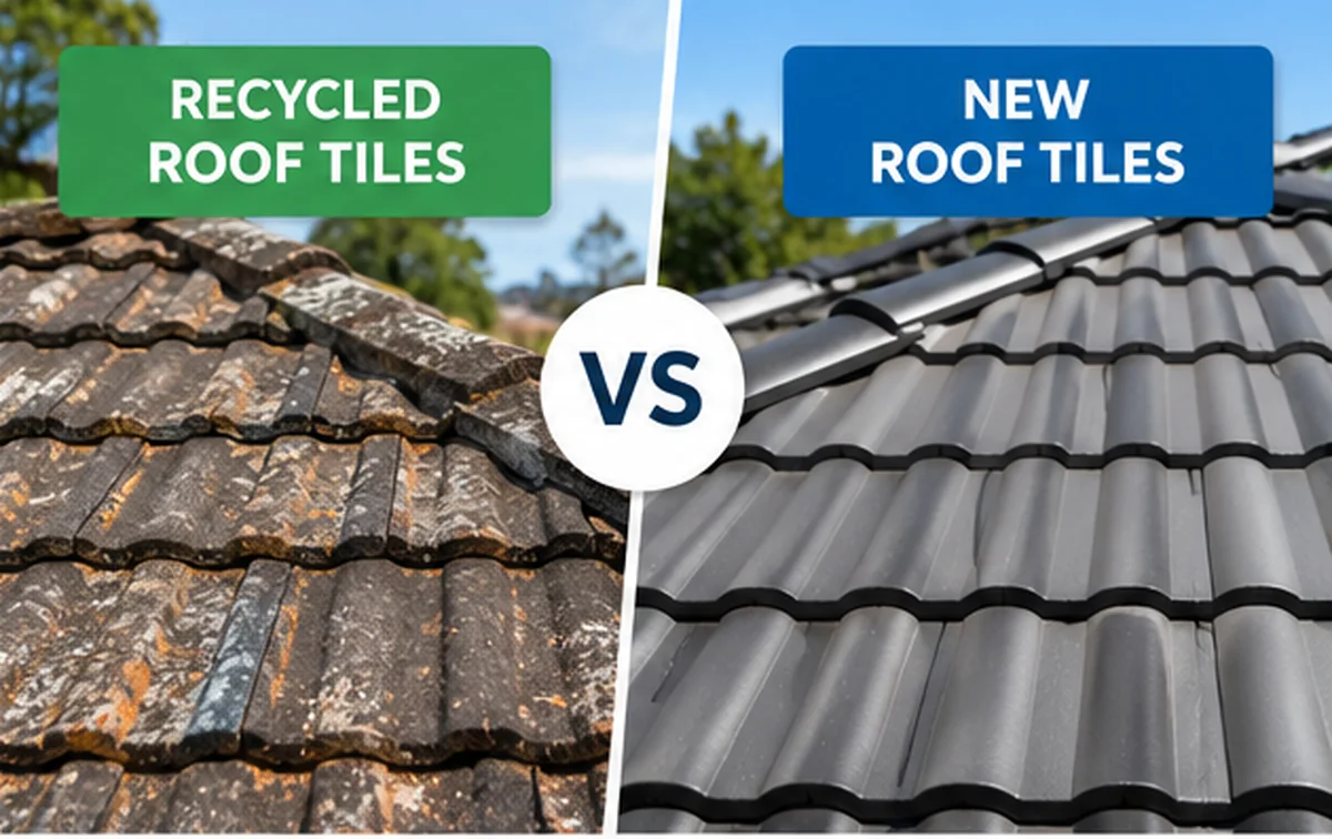 Illustrated comparison of weathered recycled roof tiles and newly manufactured roof tiles