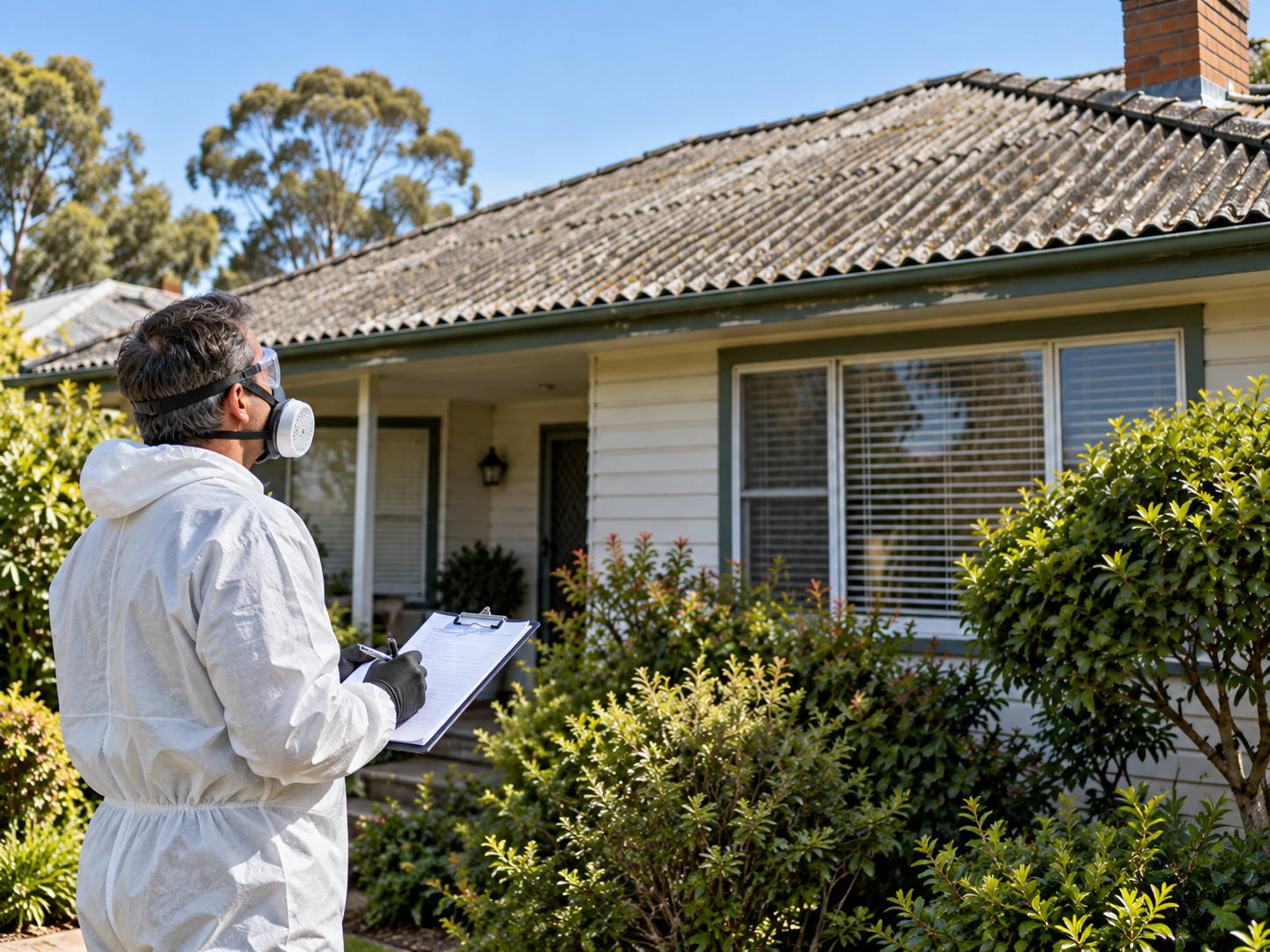 Illustration of a homeowner looking at an older Australian roof that may contain asbestos
