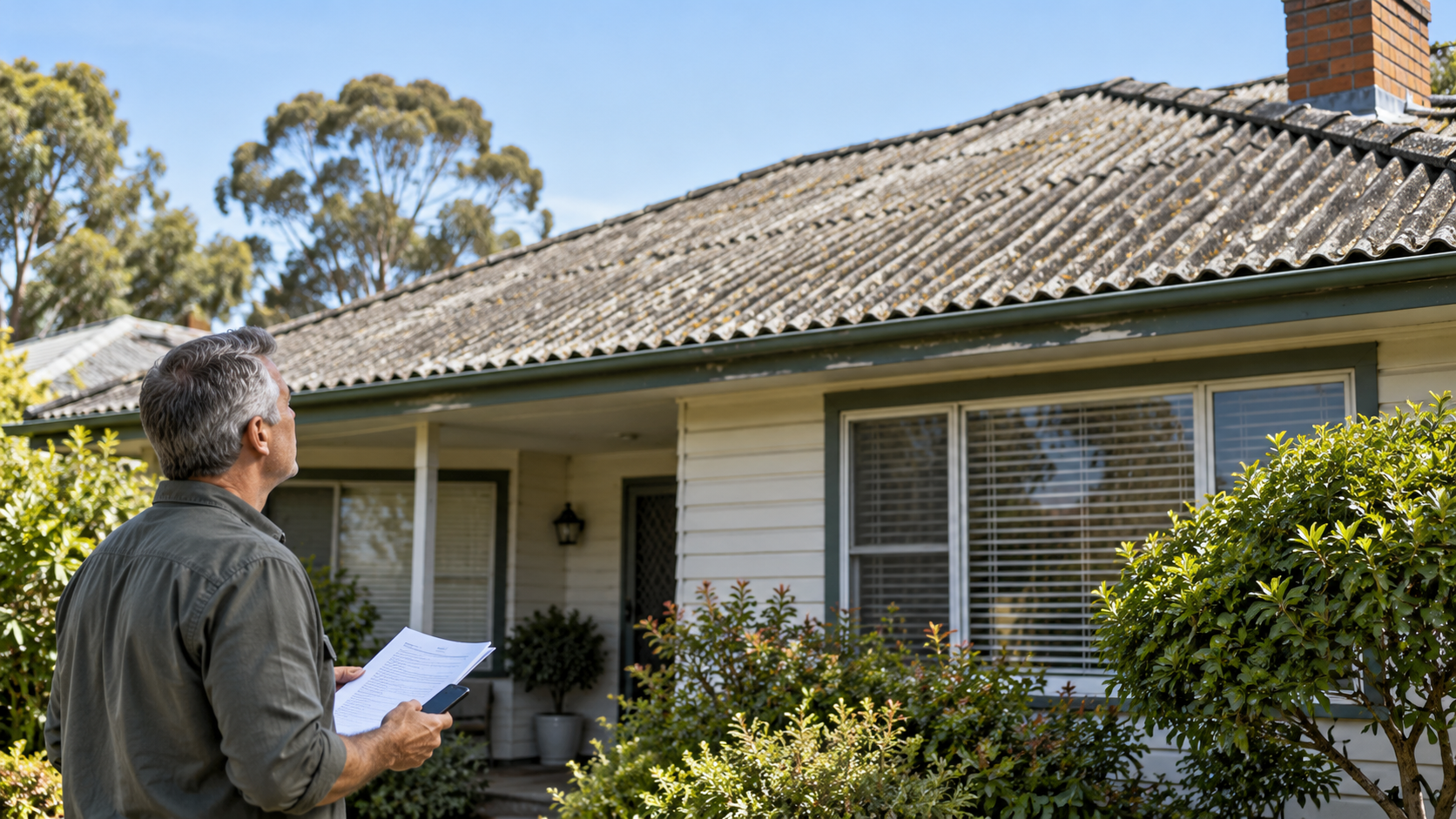 Illustration of a tradesperson in protective equipment assessing an older Australian roof