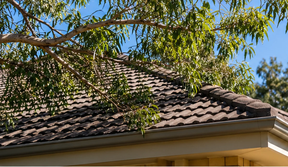 Eucalyptus branches overhanging a tiled roof on an Australian suburban home